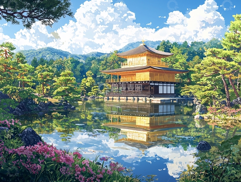 高清大图下载【趣麦麦图】湖边金色寺庙