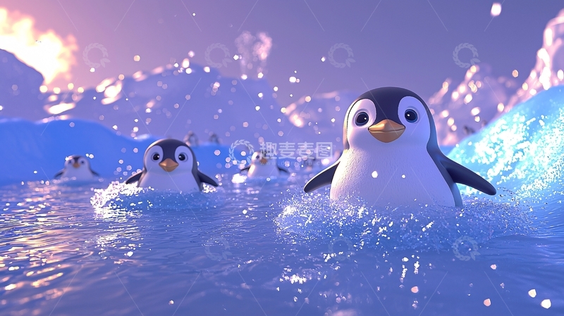 高清大图下载【趣麦麦图】可爱企鹅戏水图