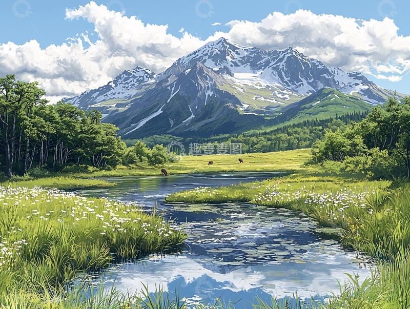 高清大图下载【趣麦麦图】雪山草原湖泊景色