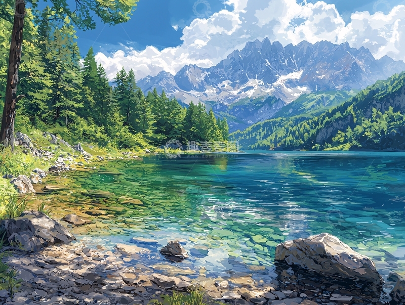 高清大图下载【趣麦麦图】阿尔卑斯山脉湖泊风景