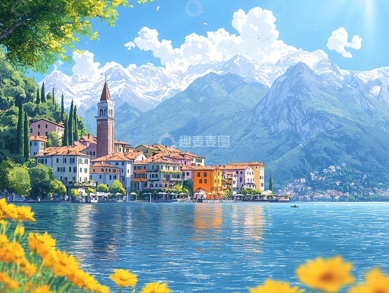 高清大图下载【趣麦麦图】湖边彩色小镇