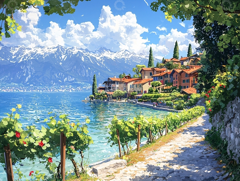 高清大图下载【趣麦麦图】湖畔葡萄园村庄的晴朗夏日