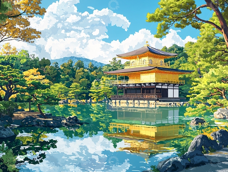 高清大图下载【趣麦麦图】金阁寺风景画