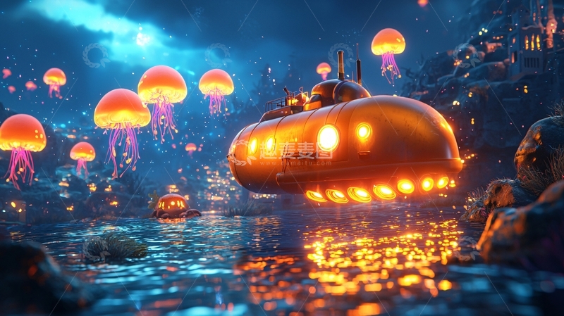 高清大图下载【趣麦麦图】海底世界潜艇与水母共舞