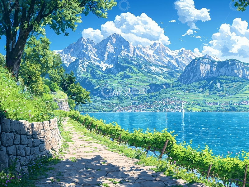 高清大图下载【趣麦麦图】动漫风格湖光山色风景