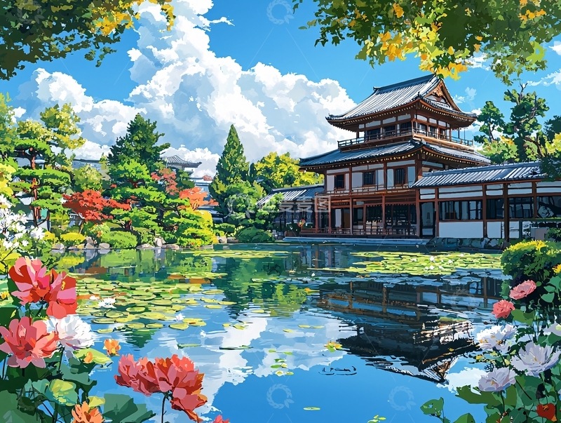 高清大图下载【趣麦麦图】夏日日式庭院风景画