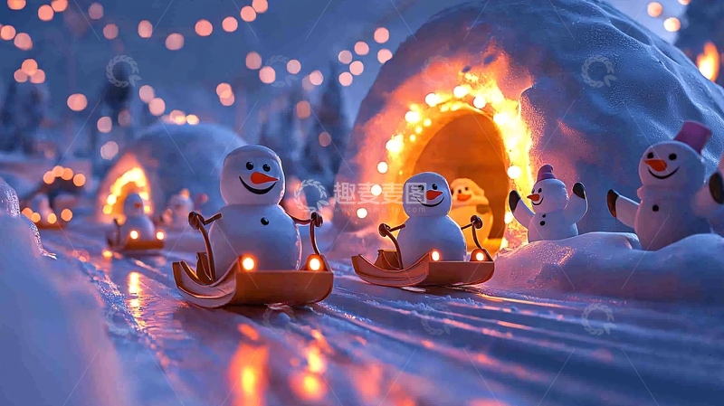 高清大图下载【趣麦麦图】雪夜雪人雪橇