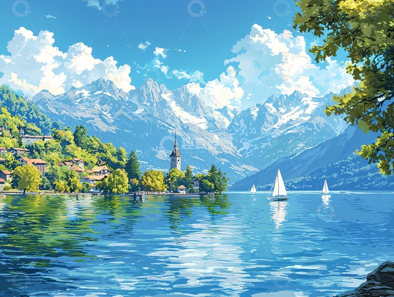 高清大图下载【趣麦麦图】阿尔卑斯山湖边小镇