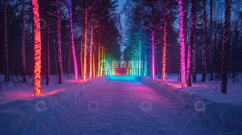 高清大图下载【趣麦麦图】梦幻彩灯森林小路