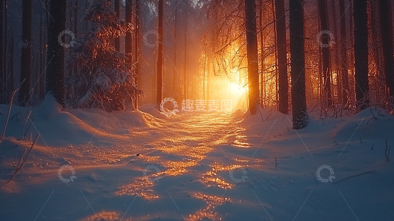 高清大图下载【趣麦麦图】冬季森林日落