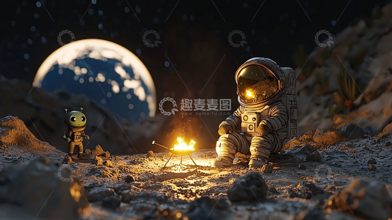 高清大图下载【趣麦麦图】宇航员太空篝火