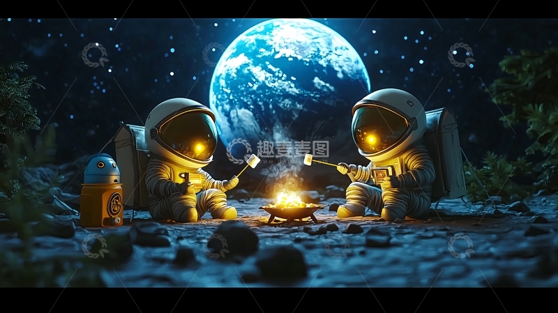 高清大图下载【趣麦麦图】太空宇航员篝火晚会