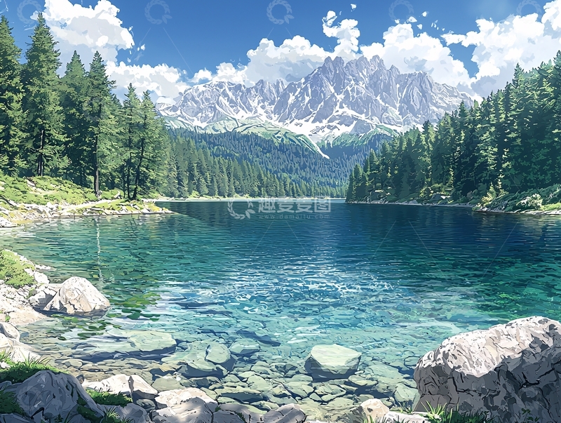 高清大图下载【趣麦麦图】阿尔卑斯山脉湖泊景色