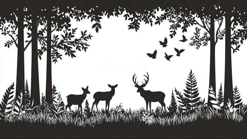 高清大图下载【趣麦麦图】黑白森林鹿剪影