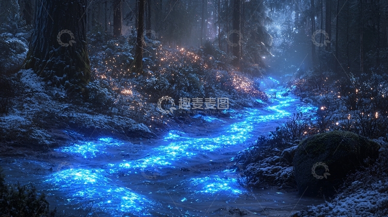 高清大图下载【趣麦麦图】暗夜森林蓝色溪流