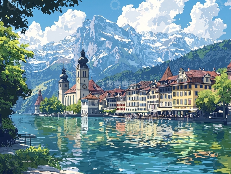 高清大图下载【趣麦麦图】山湖小镇风景画