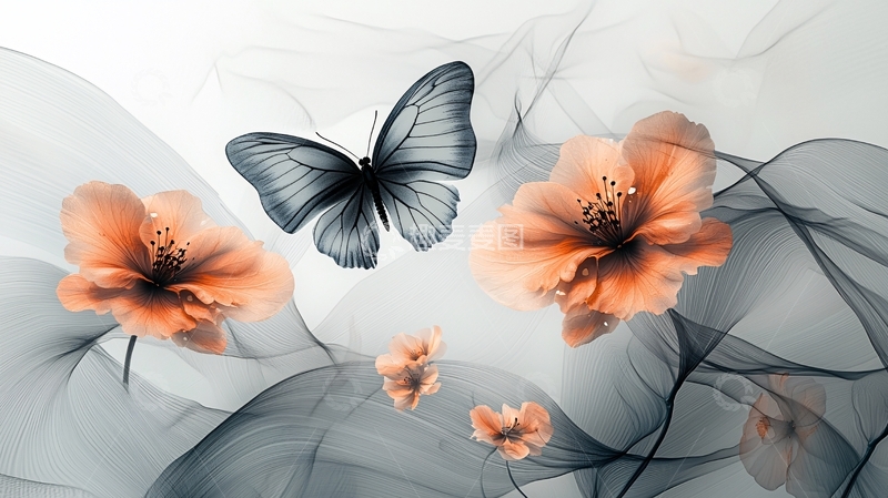 高清大图下载【趣麦麦图】轻柔飘逸的蝴蝶与花朵