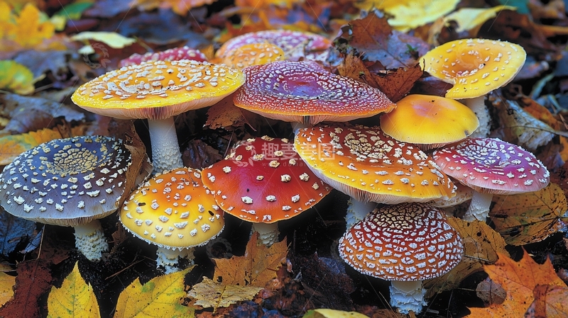 高清大图下载【趣麦麦图】落叶堆里的彩色毒蝇伞