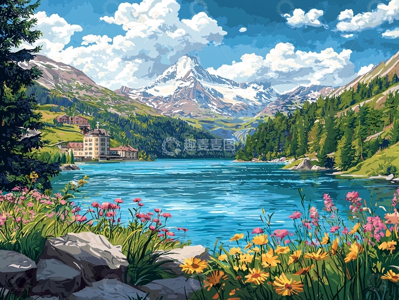 高清大图下载【趣麦麦图】阿尔卑斯山湖泊风景