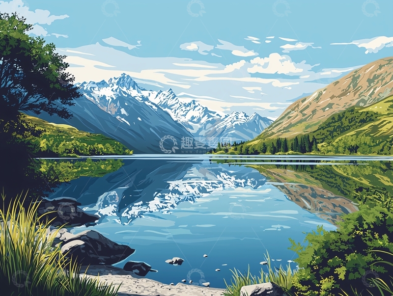 高清大图下载【趣麦麦图】雪山湖泊倒影风景画