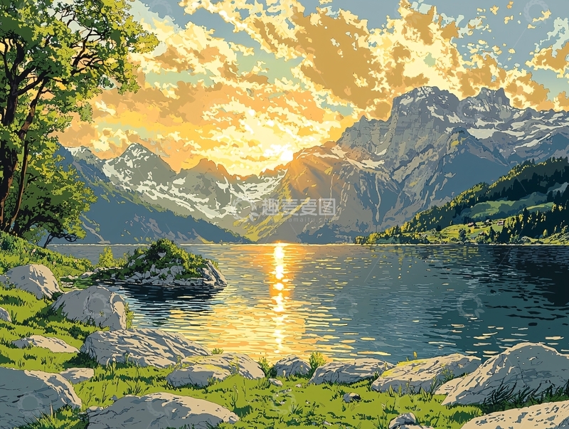 高清大图下载【趣麦麦图】夕阳西下湖光山色