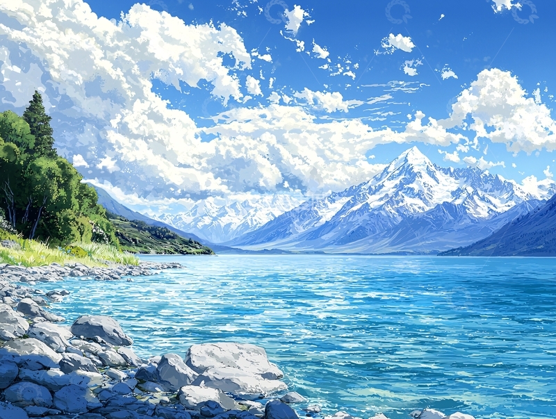 高清大图下载【趣麦麦图】阳光明媚的湖边雪山风景