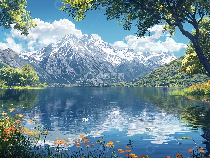 高清大图下载【趣麦麦图】雪山湖泊风景图