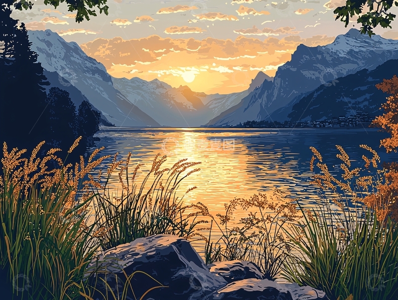 高清大图下载【趣麦麦图】山湖日落风景图