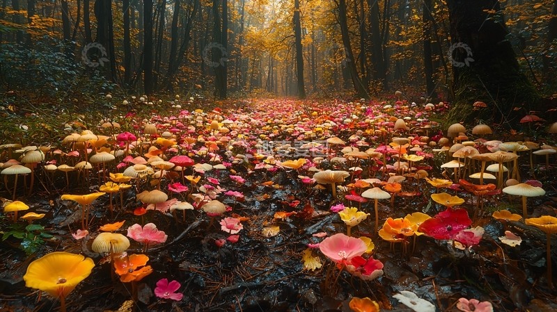 高清大图下载【趣麦麦图】森林小路上的彩色蘑菇