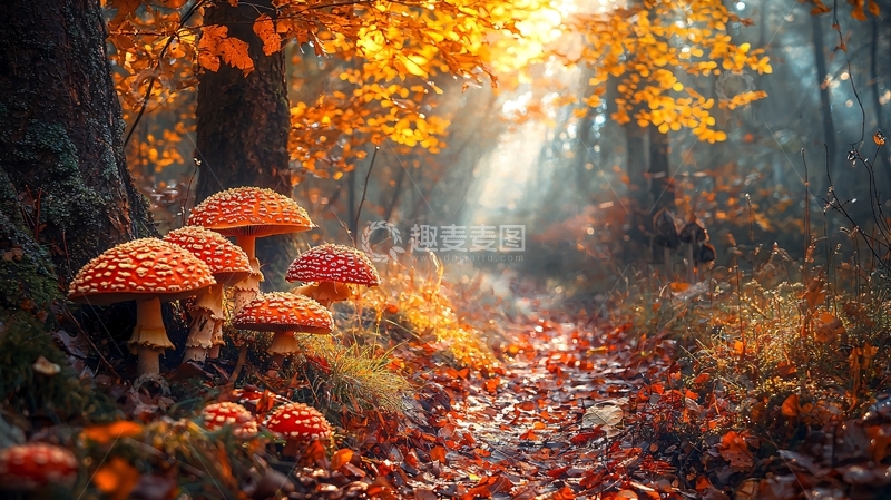 高清大图下载【趣麦麦图】秋季森林小溪蘑菇