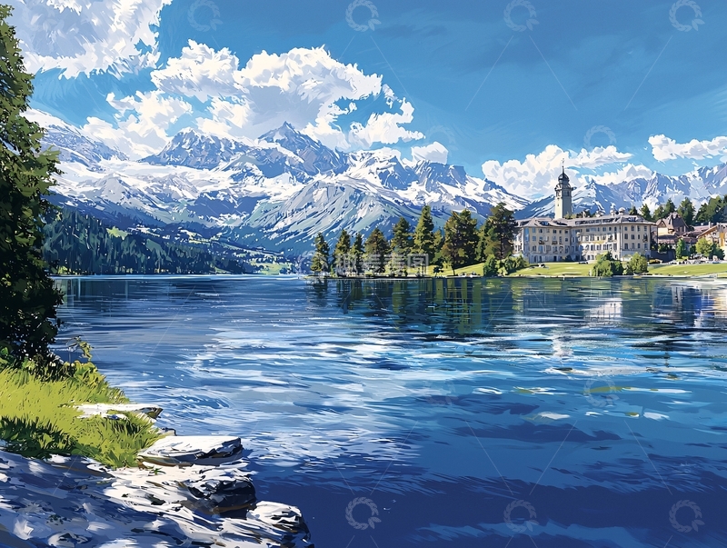 高清大图下载【趣麦麦图】阿尔卑斯山湖边小镇