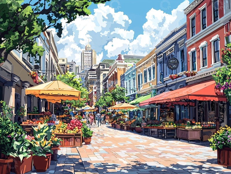 高清大图下载【趣麦麦图】阳光下的街道集市