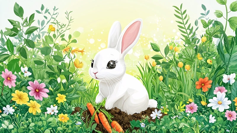 高清大图下载【趣麦麦图】可爱小白兔花丛中