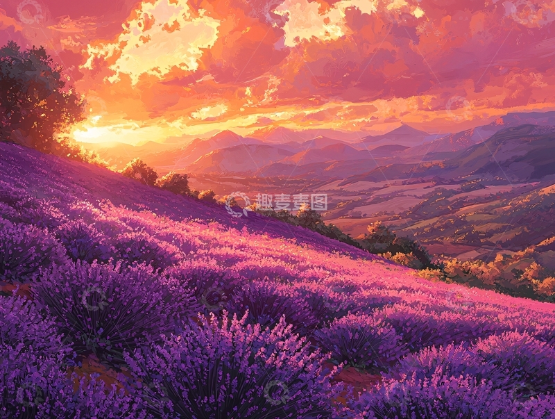 高清大图下载【趣麦麦图】薰衣草田夕阳景色