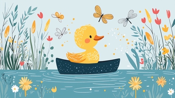 小鸭子乘船在花海里