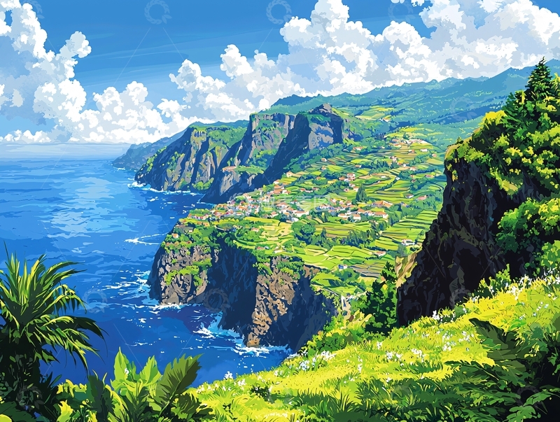 高清大图下载【趣麦麦图】海边悬崖峭壁村庄风景