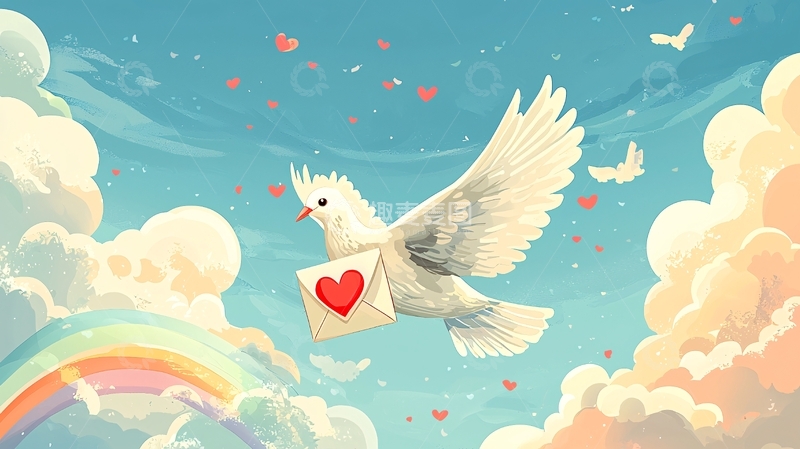 高清大图下载【趣麦麦图】白鸽送信彩虹背景