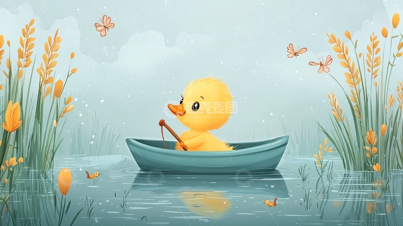 高清大图下载【趣麦麦图】小鸭子划船钓鱼