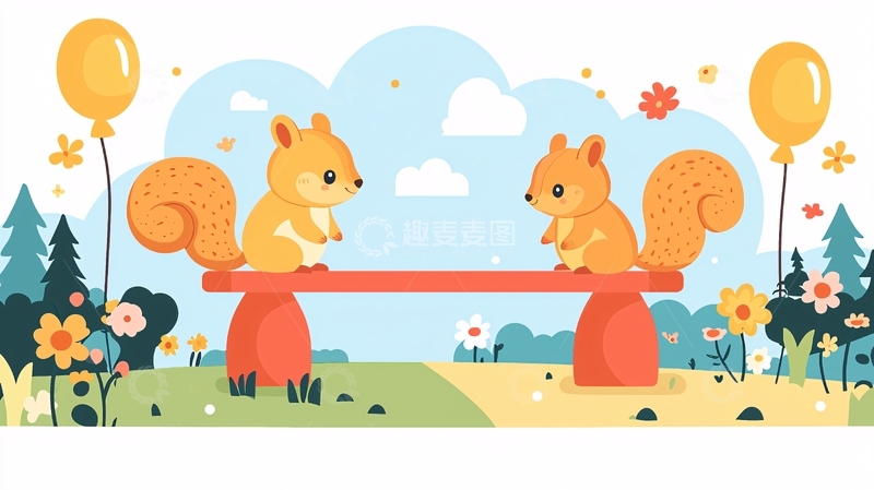 高清大图下载【趣麦麦图】两只松鼠跷跷板