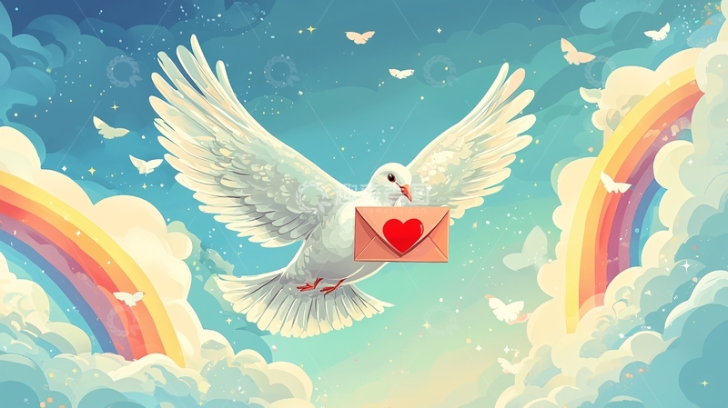 高清大图下载【趣麦麦图】白鸽送信彩虹天空