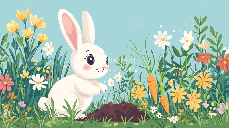 高清大图下载【趣麦麦图】可爱小白兔花丛中
