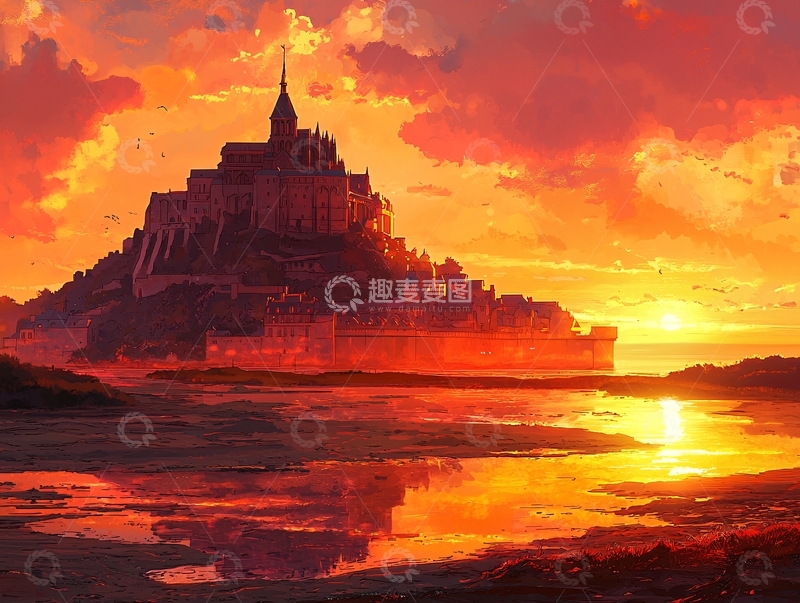 高清大图下载【趣麦麦图】日落下的圣米歇尔山