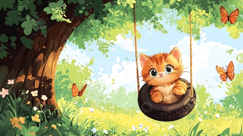 高清大图下载【趣麦麦图】小猫荡秋千