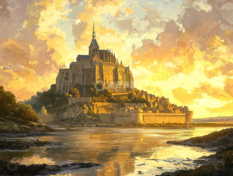 高清大图下载【趣麦麦图】金色夕阳下的圣米歇尔山