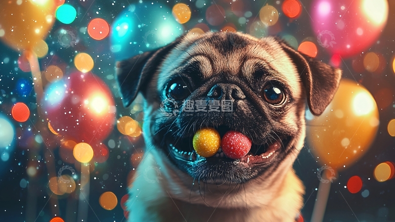 高清大图下载【趣麦麦图】可爱巴哥犬叼着彩色球