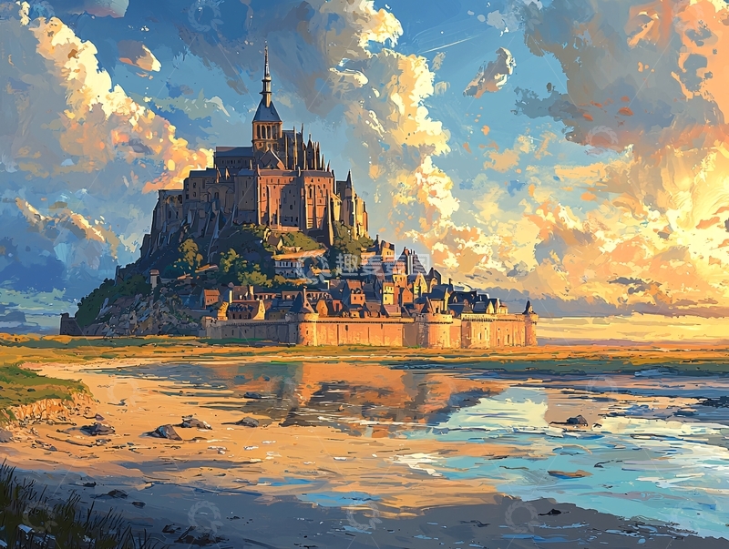 高清大图下载【趣麦麦图】圣米歇尔山日落景色