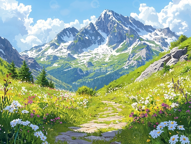 高清大图下载【趣麦麦图】雪山花海小路