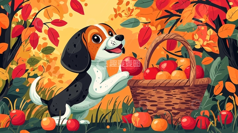 高清大图下载【趣麦麦图】秋日小狗苹果篮
