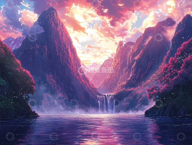 高清大图下载【趣麦麦图】梦幻山谷瀑布日落