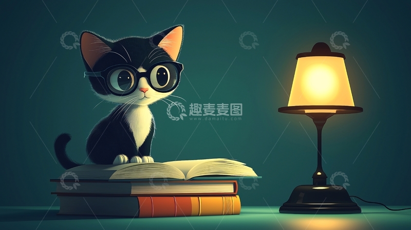 高清大图下载【趣麦麦图】戴眼镜的小猫看书